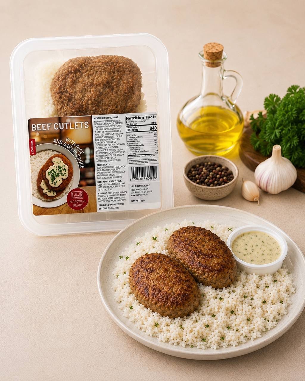 Frozen Beef Cutlets with Rice and Garlic Sauce